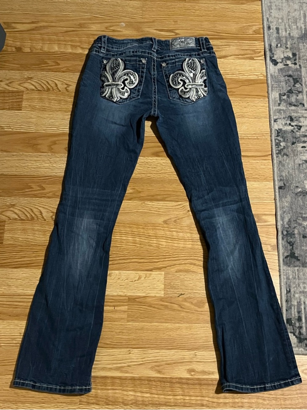 Miss Me Signature Bootcut Jeans Womens 30x33 Blue Bling Embellished Flap Pocket